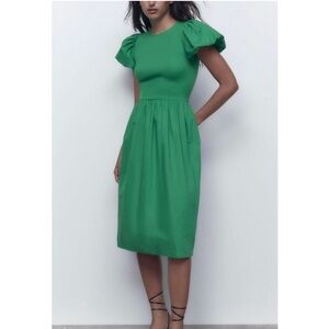 Zara Green Puff Sleeve Midi Dress - small